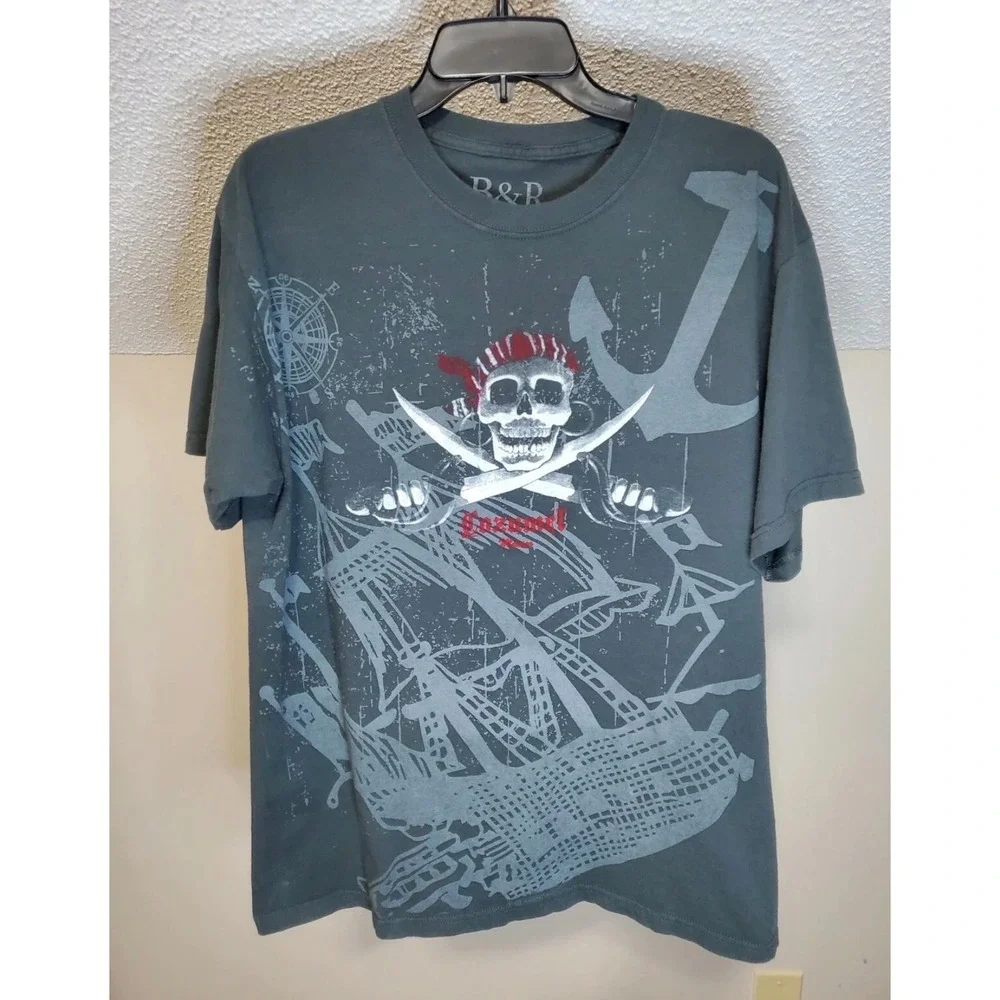 B&R Bani & Rajku Mens Cozumel‎ Mexico Pirate Skull Ship Graphic T-Shirt Gray L