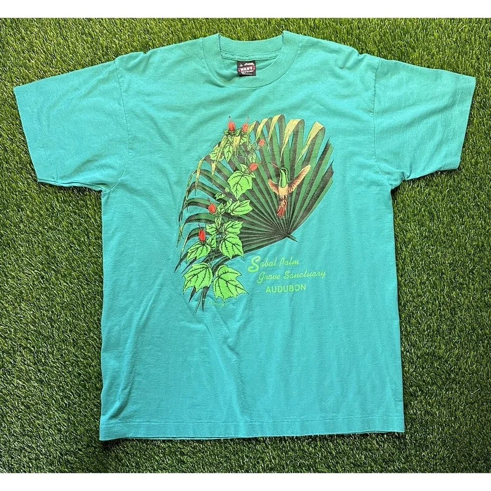 Vintage Fruit Of The Loom Single Stitch T Shirt‎ Audubon Sabal Palm Large Teal