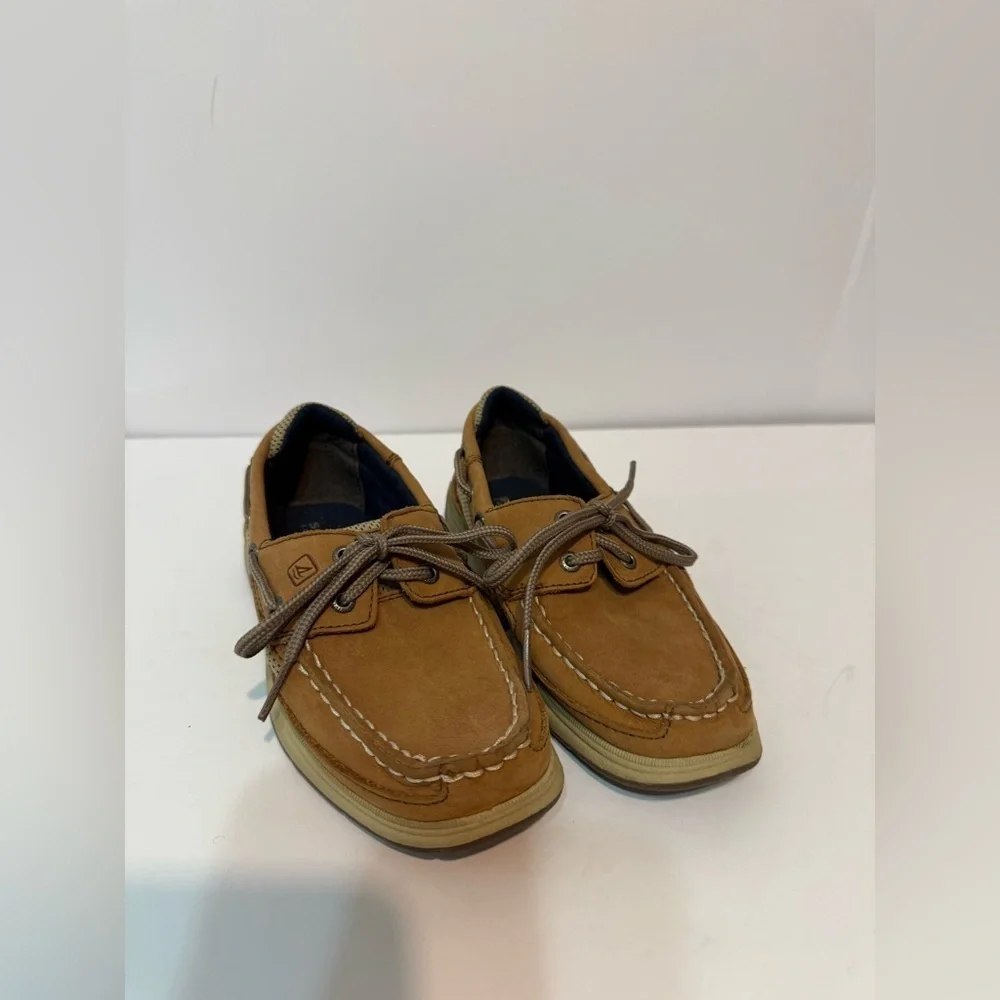 Sperry Boys Top- Slider Lanyard Tan Leather Boat Shoes, Sz 1 M