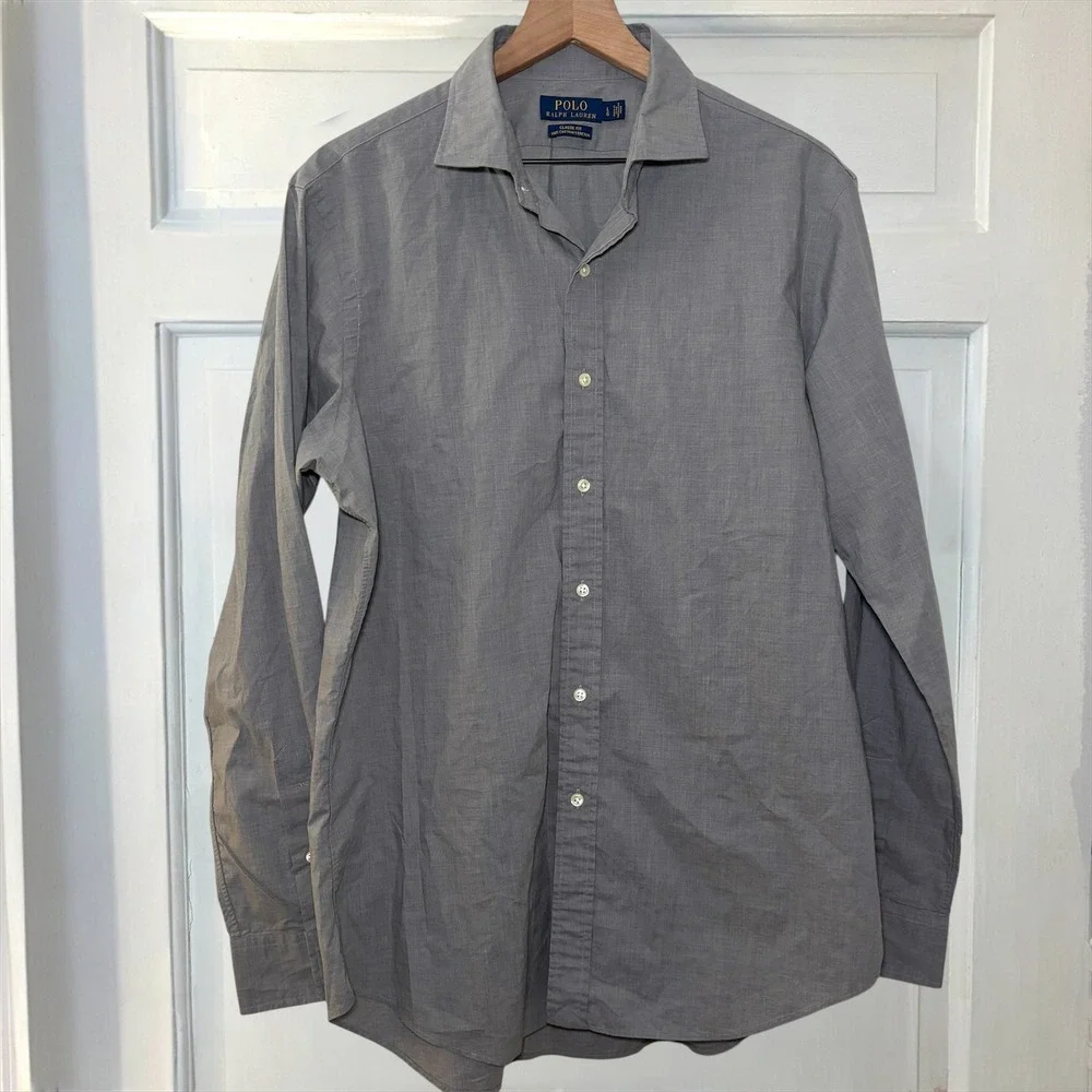 Polo‎ Ralph Lauren Gray Classic Fit Cotton Stretch Mens L Long Sleeve Button Up