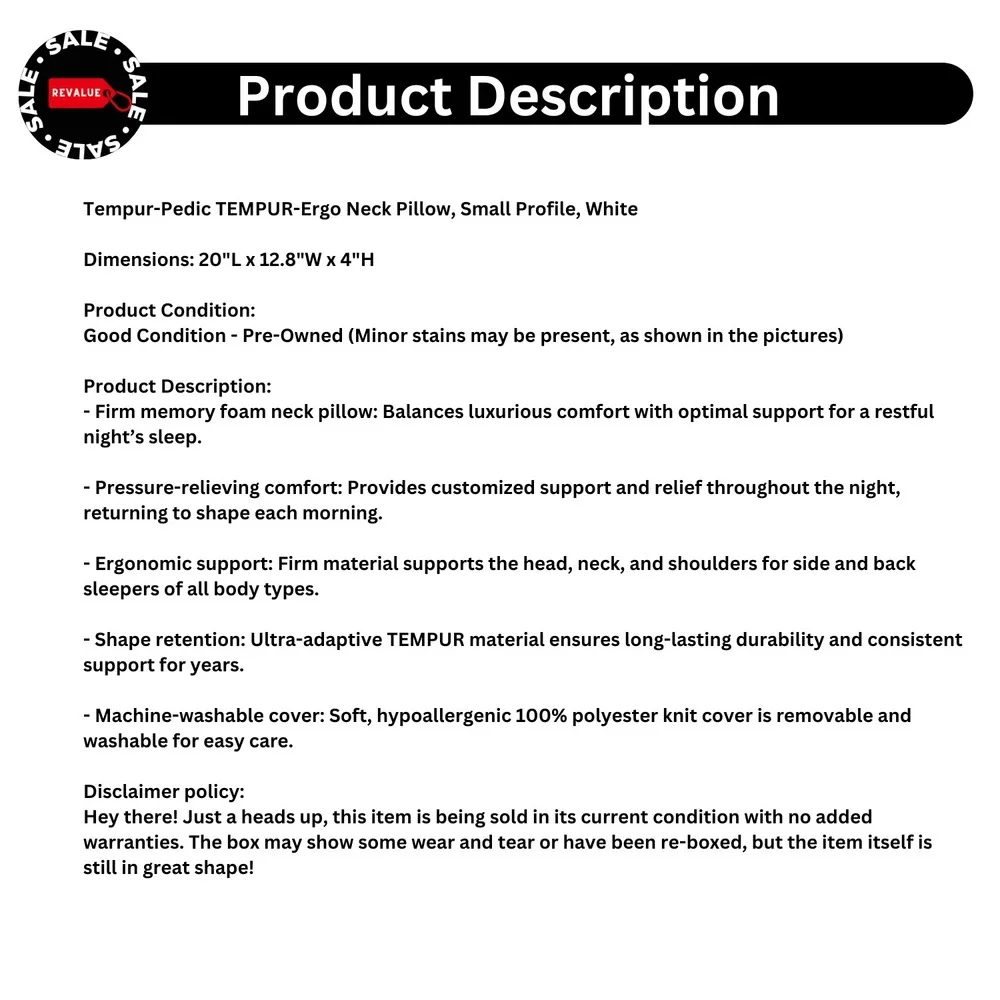 Medium Profile Neck Support‎ Tempur Pedic Ergo Pillow White 20x12.8x4
