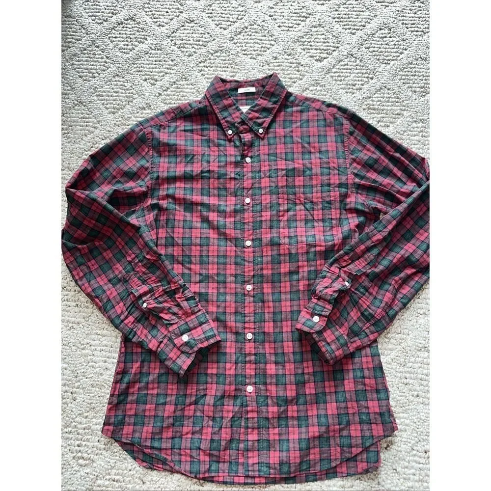 J. Crew Shirt Mens Medium Red Green Plaid Slim Fit Cotton Button-Down‎ Shirt
