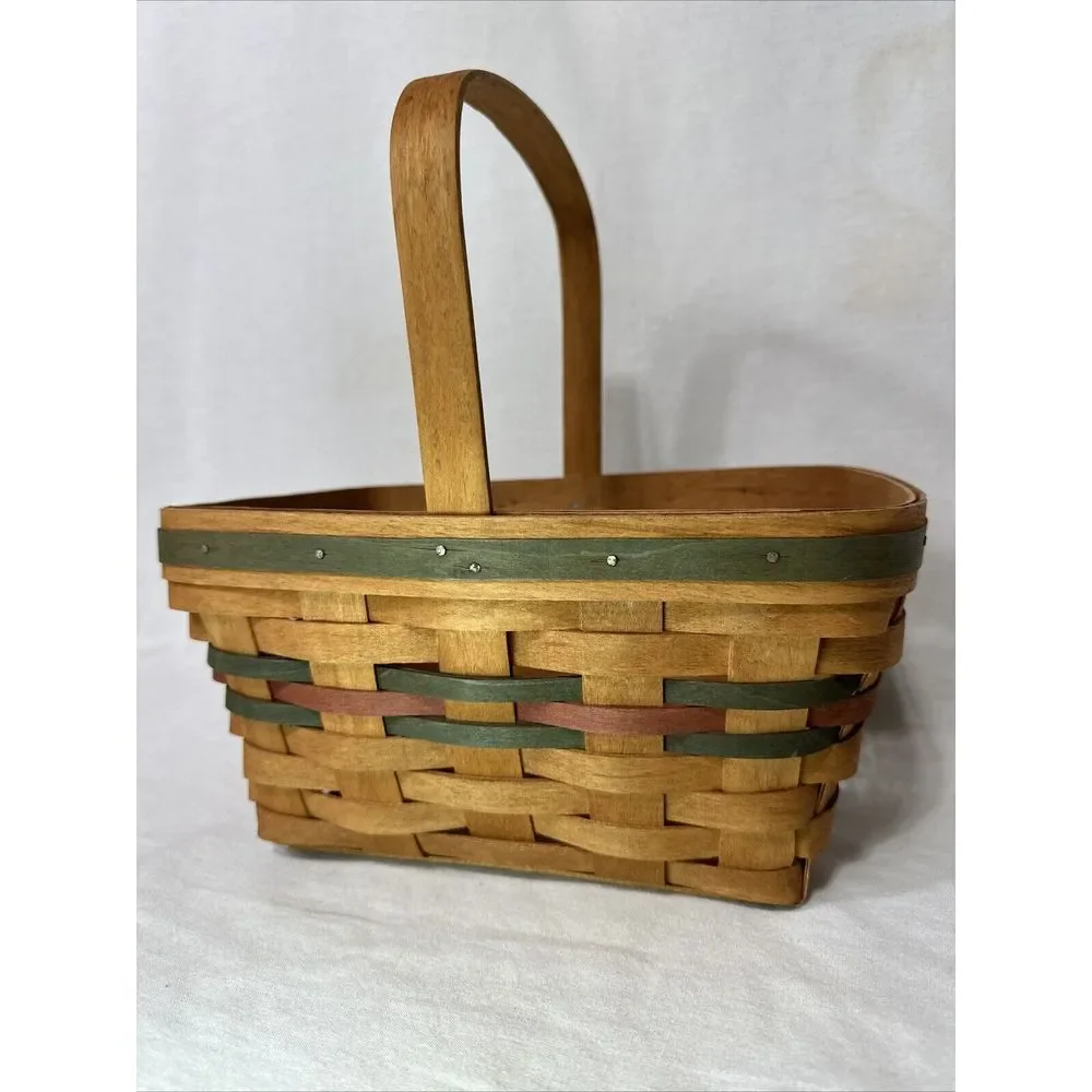 Longaberger Basket Medium with Handle 1990 Signed Green‎ and Red 11x11x8