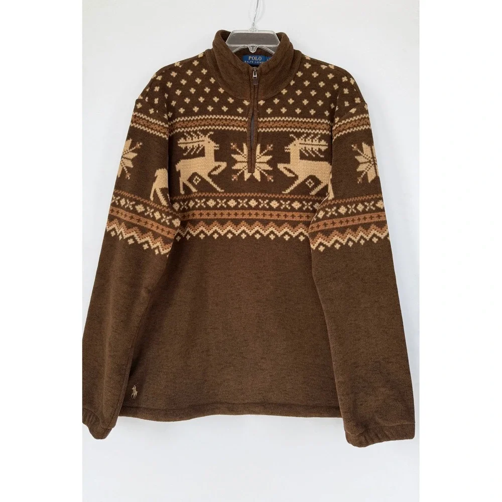 Polo Ralph Lauren Mens L Reindeer Fair Isle Fleece 1/4 Zip Pullover Brown Preppy