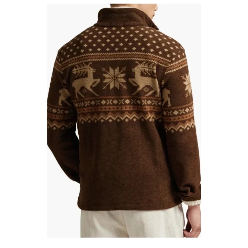 Polo Ralph Lauren Mens L Reindeer Fair Isle Fleece 1/4 Zip Pullover Brown Preppy