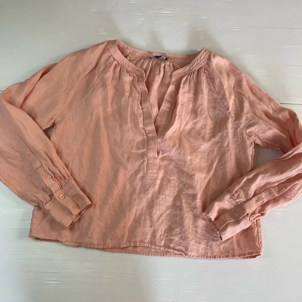 J. Crew Cabana Linen Popover Top Peachy Pink Long Sleeve Size M
