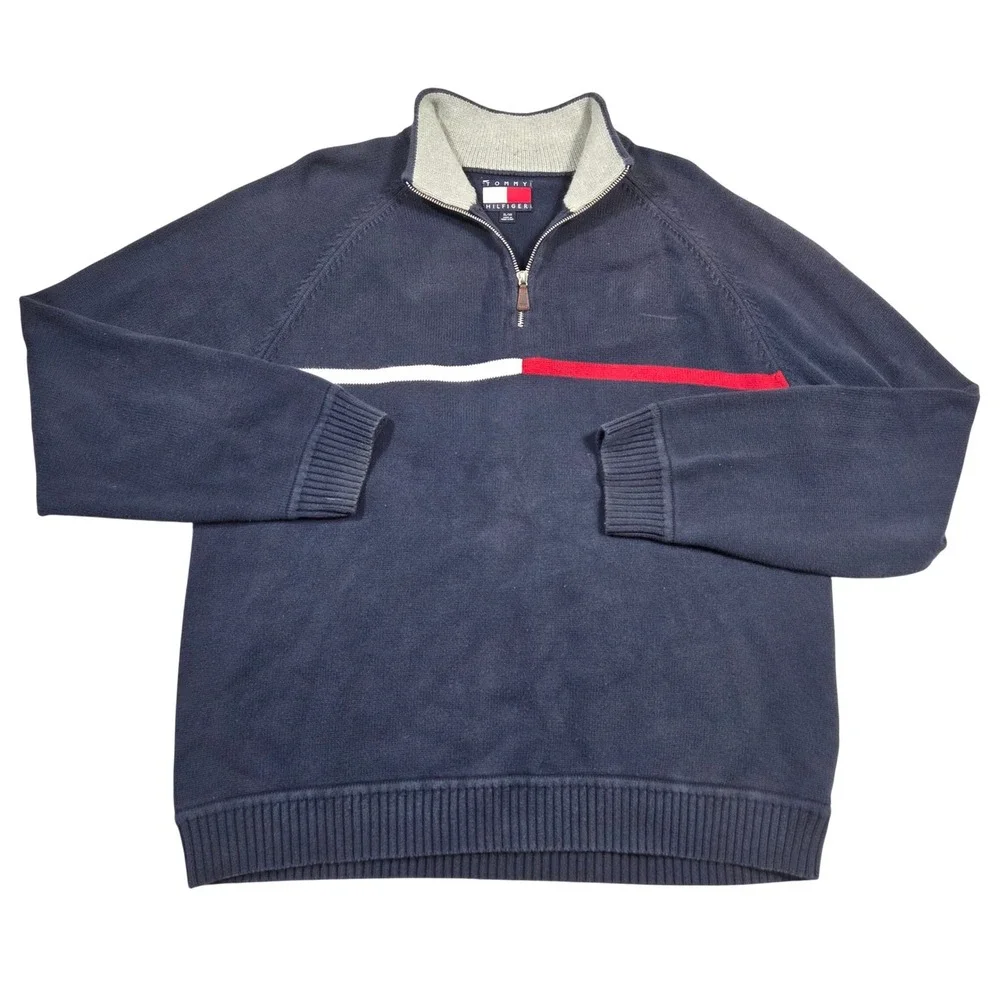 Tommy‎ Hilfiger Mens XL Quarter Zip Sweater Y2k Preppy Flag Stripe Cotton Knit