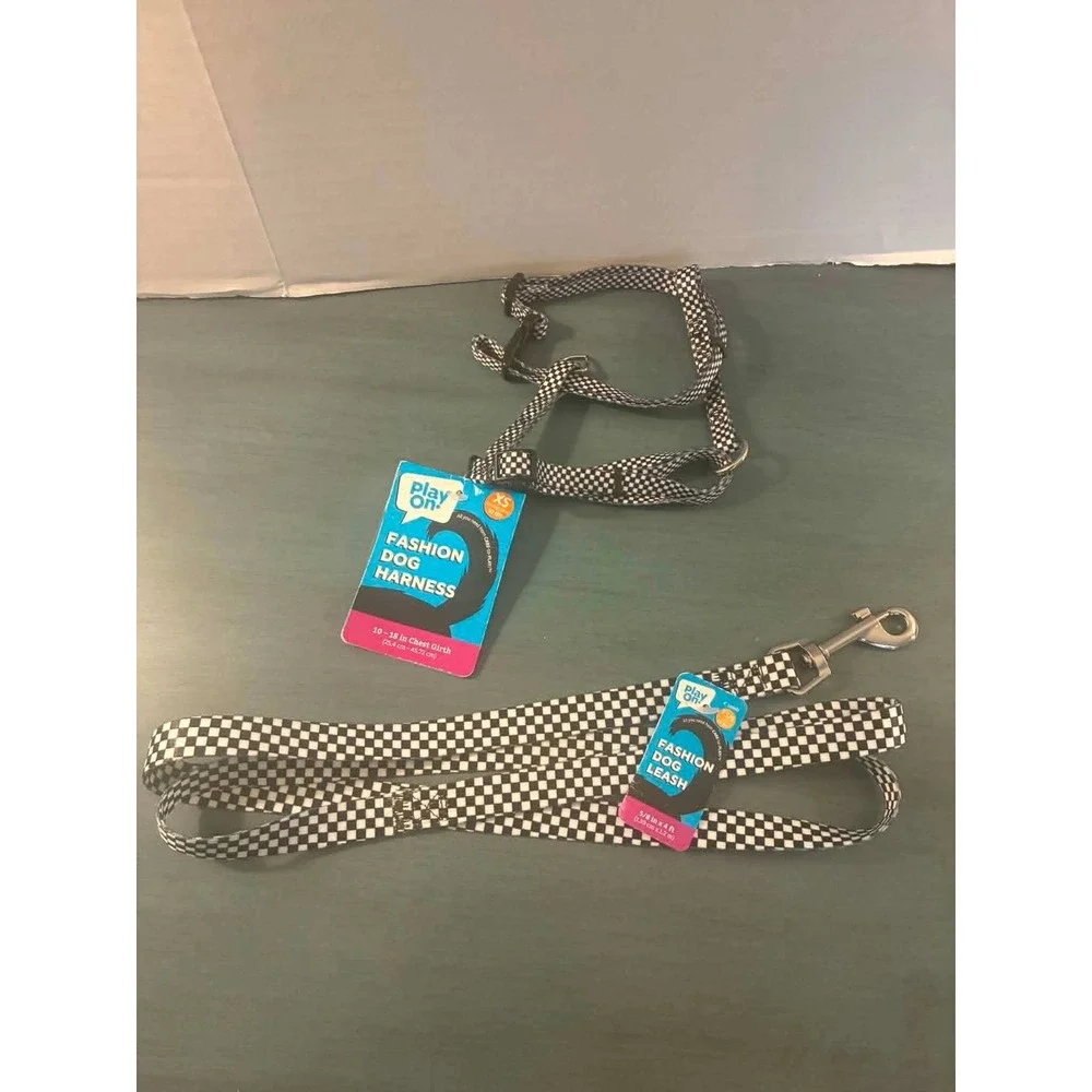 Play On Dog Harness Leash Set XS Black White Checkered NWT Racing Puppy Pet