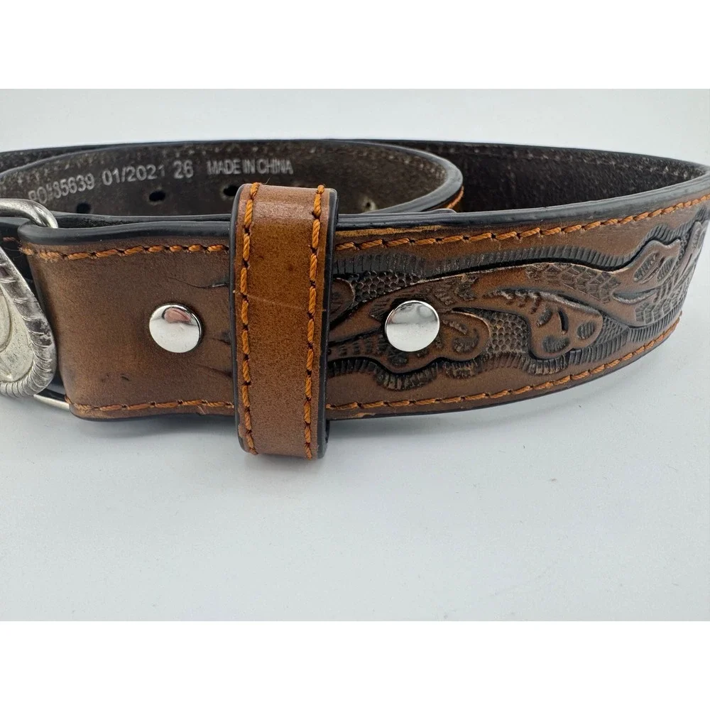 Nocona‎ Brown Tooled Leather Bull Rider Western Belt Size 26 N4410402
