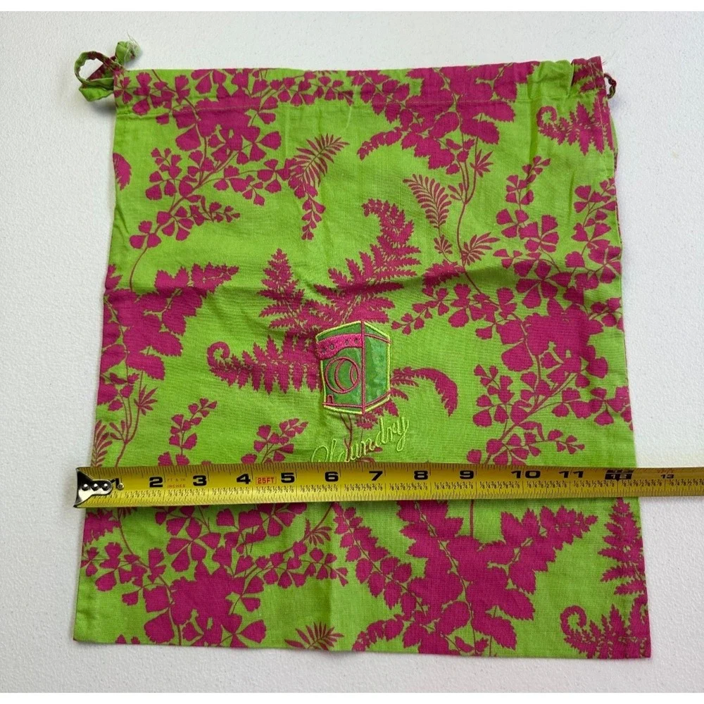 Once Upon A Rose Pink Green Print Drawstring Laundry Bag 12x14 Embroidered