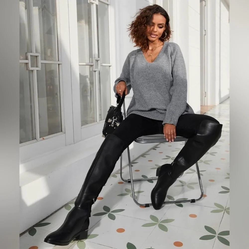Motimoden Over the Knee High Chunky Heel Round Toe Low Boots with Stretchy Panel