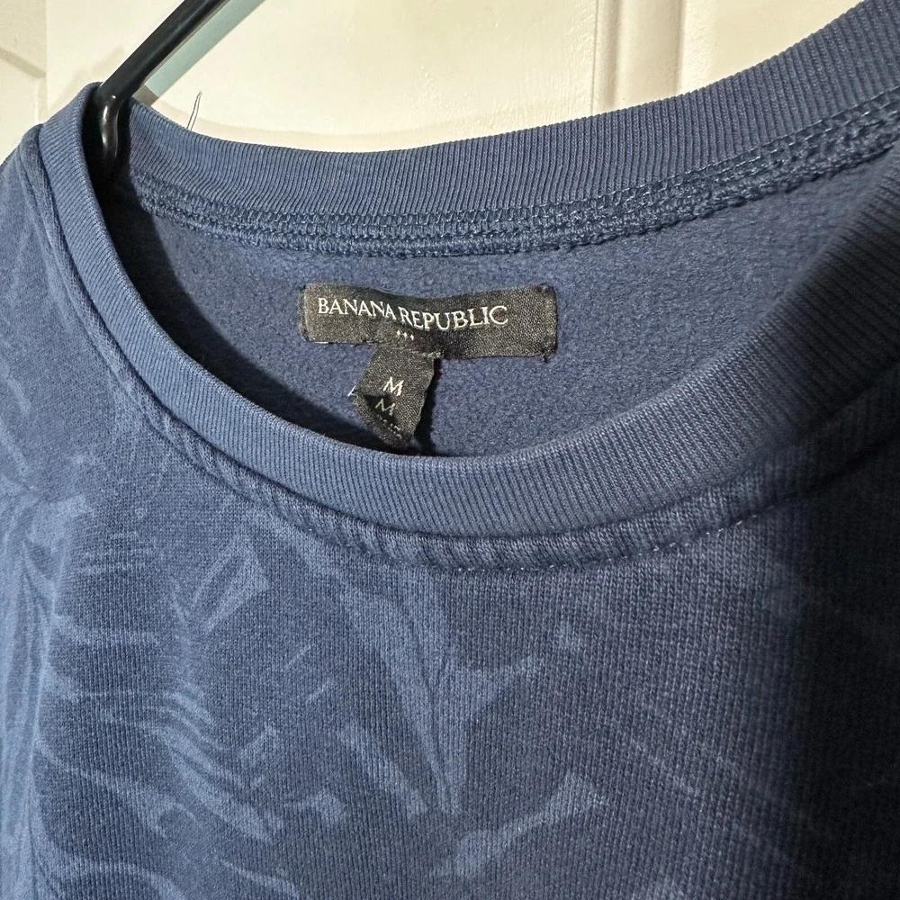 Banana Republic Palm Leaf All Over Print Sweater Crew‎ Neck Cotton Blend Blue M