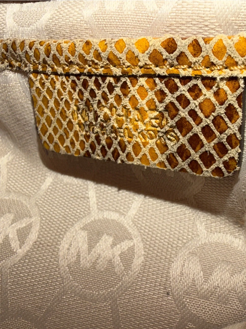 Michael Kors Woven Shoulder Tote with Chain-Link Snakeskin Straps - Tan