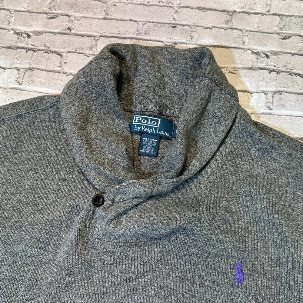 Polo Ralph Lauren mens L Large gray solid shawl collar 100% cotton sweater EUC