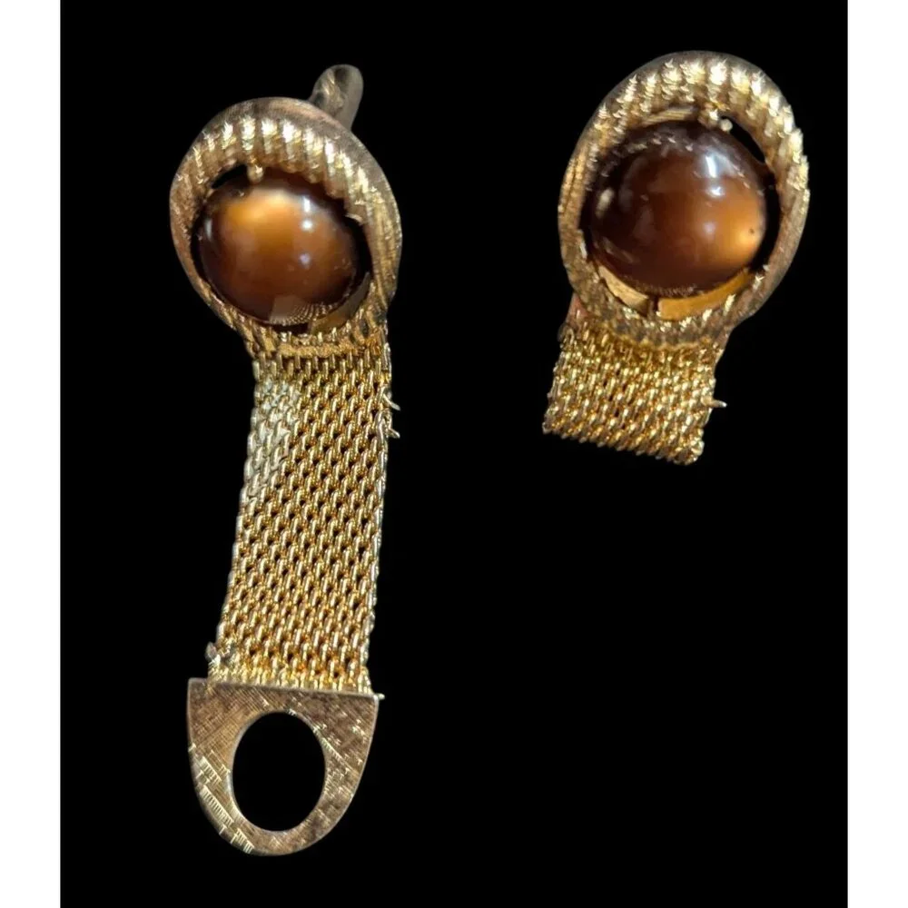 Swank Vintage Wrap Around Mesh Cufflinks Brown Cabochon Stones Gold-Tone Finish‎