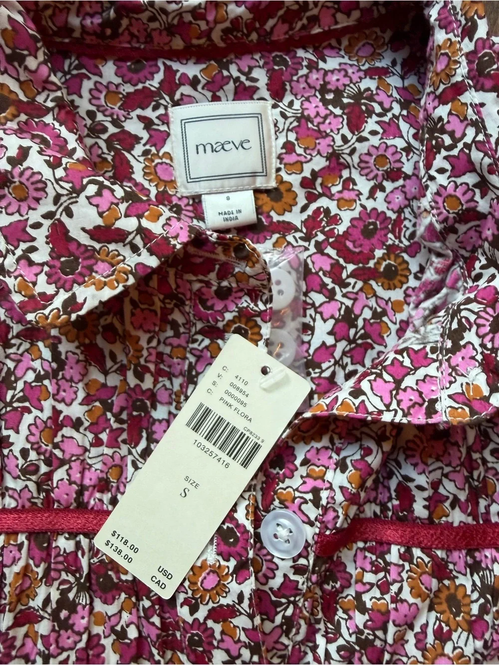 NWT——-Anthropologie Pink Floral Button-Front Blouse