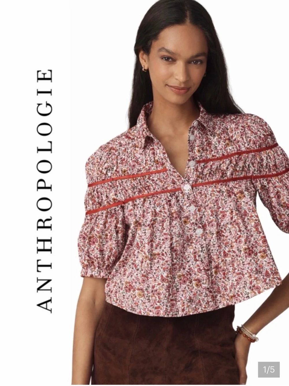 NWT——-Anthropologie Pink Floral Button-Front Blouse
