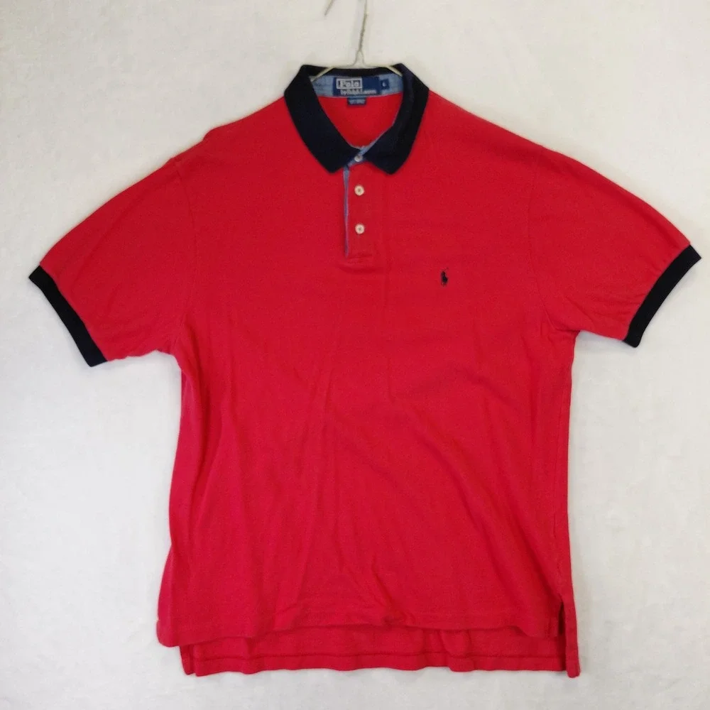 Polo Ralph Lauren Mens Large Red Navy Blue Contrast Collar Pique Polo Shirt