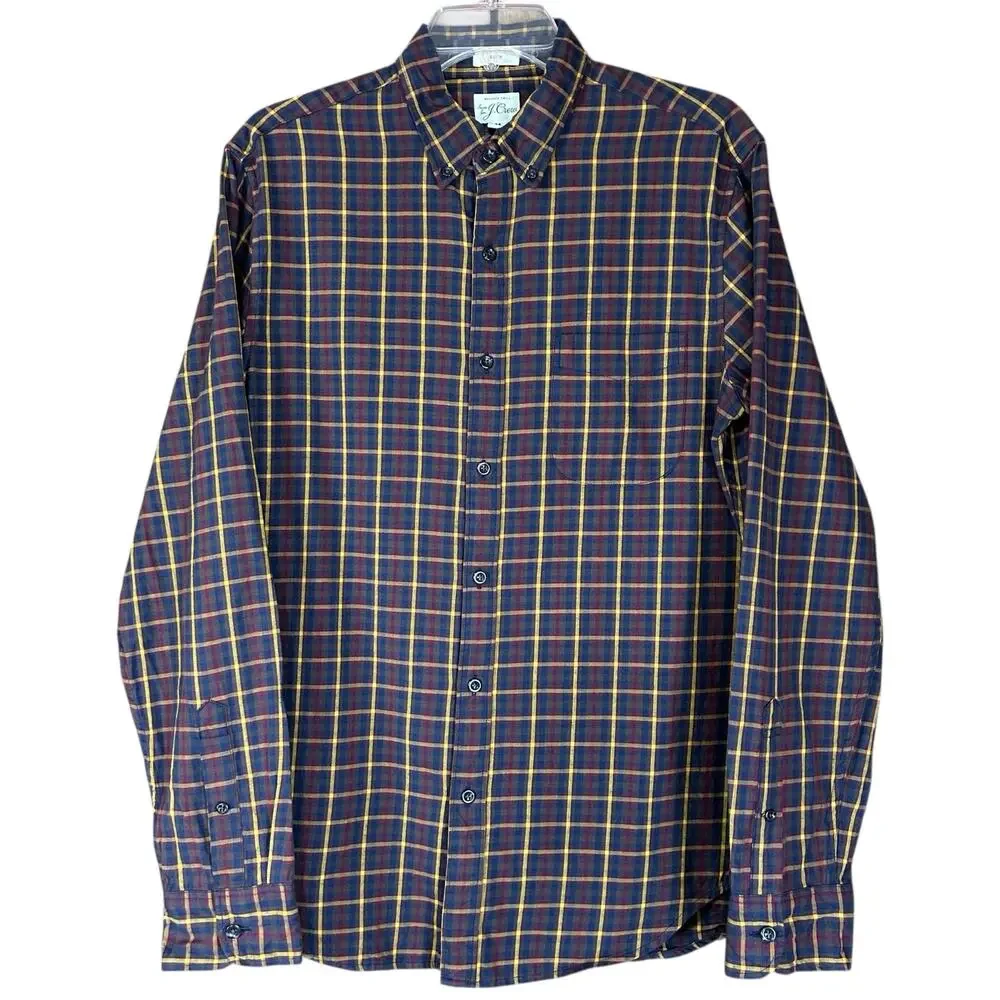 J.Crew Slim Men Shirt Size M Brown Blue Red Yellow Brushed Twill Plaid Button Up