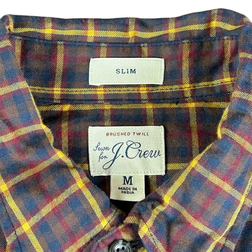 J.Crew Slim Men Shirt Size M Brown Blue Red Yellow Brushed Twill Plaid Button Up