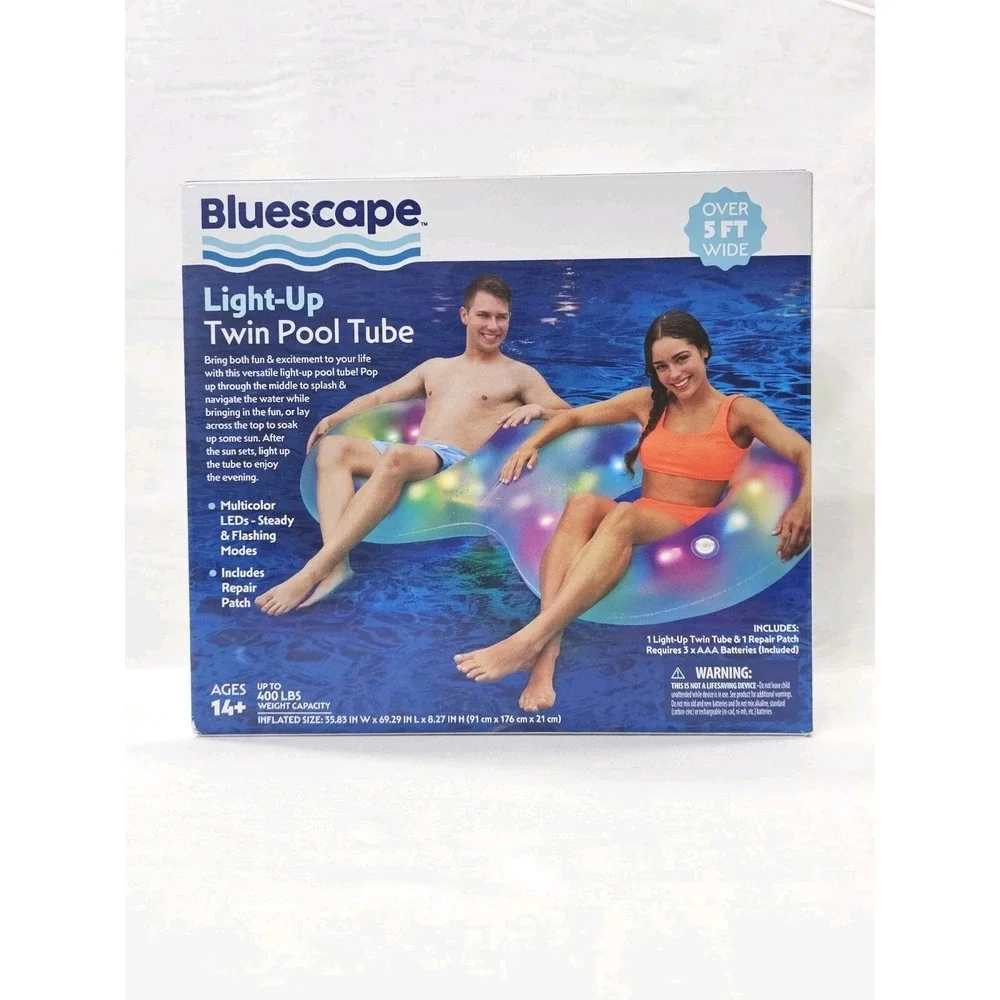 Light Up Fun Bluescape Twin Double Ring LED Pool Tube Inflatable Float Ring NEW