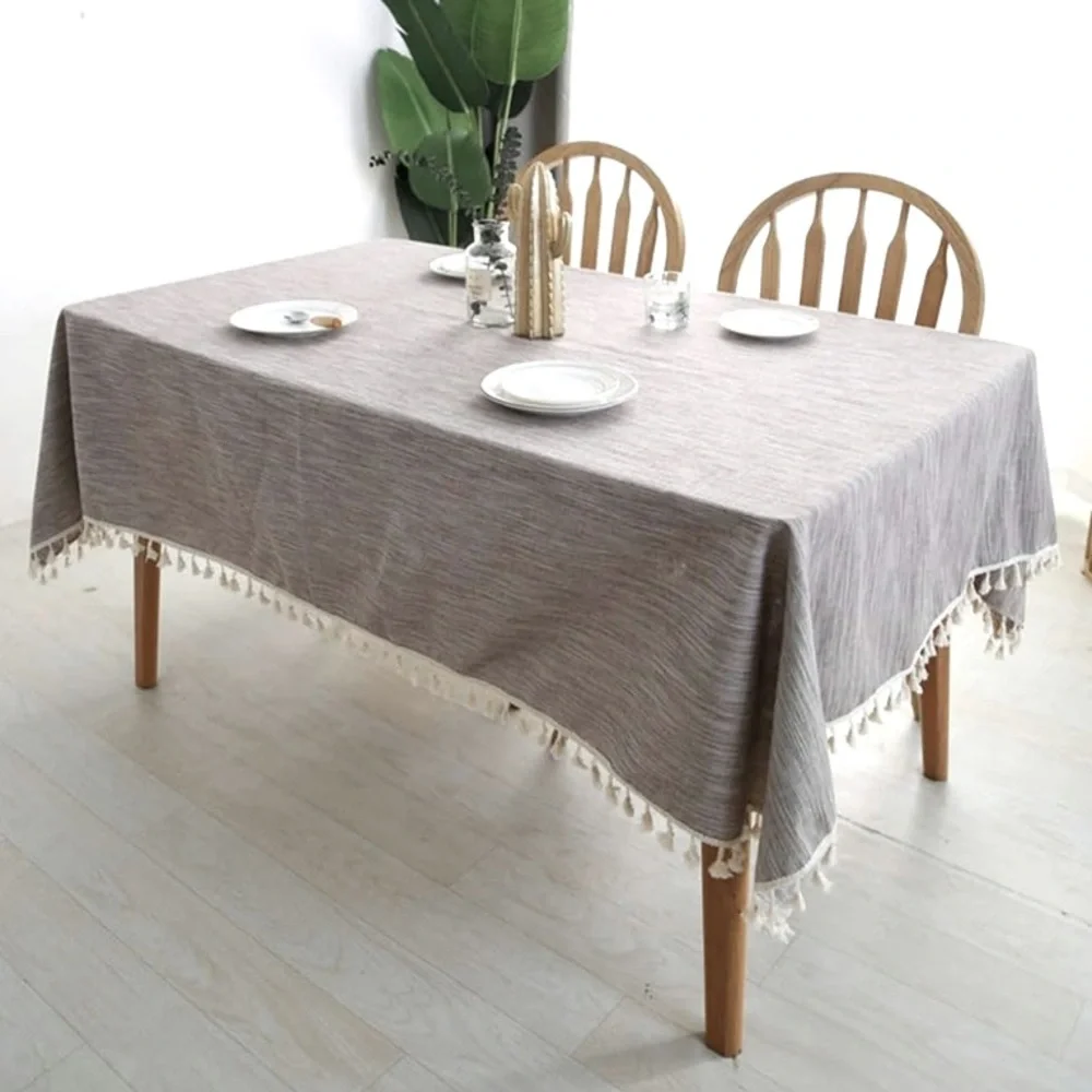 Boho Fringe tassel woven Gray and white stripes Tablecloth or throw blanket