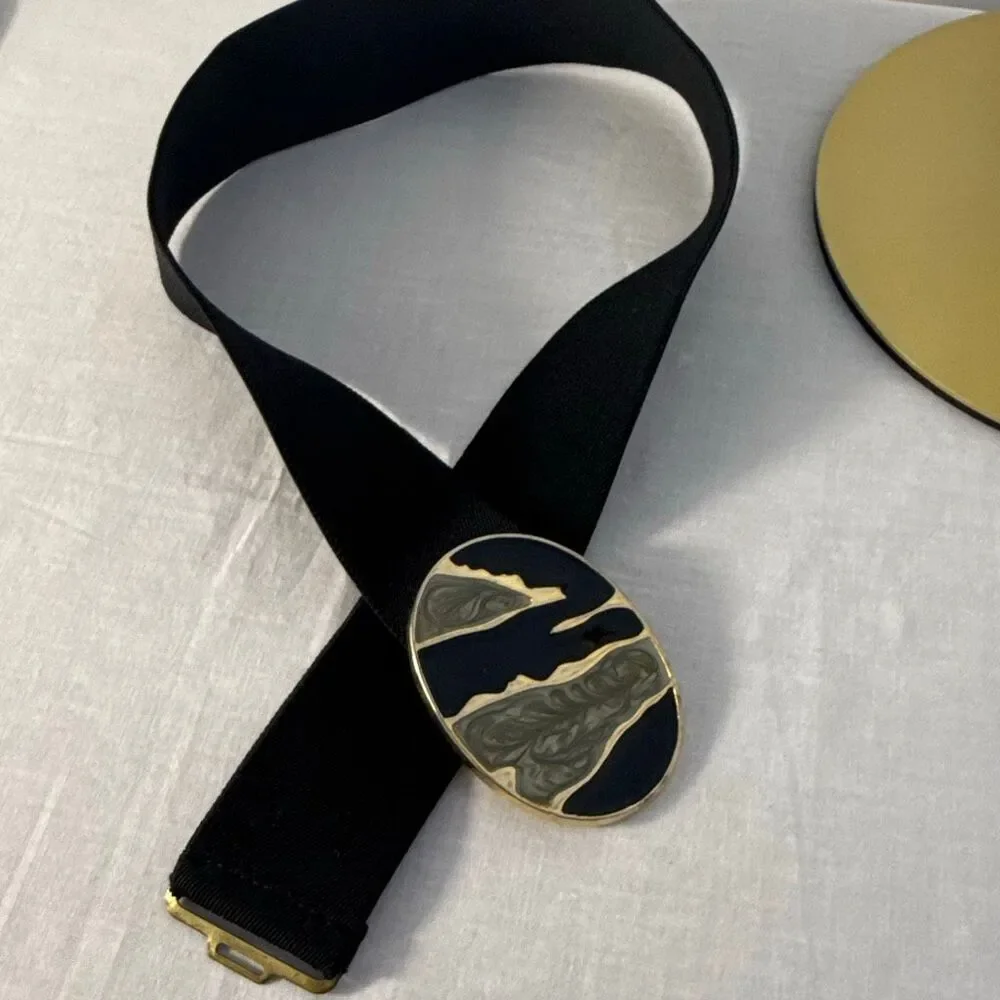 Vintage Nan Lewis Black & Gold Sculptural Enamel Buckle Belt | 1980s Modernist S
