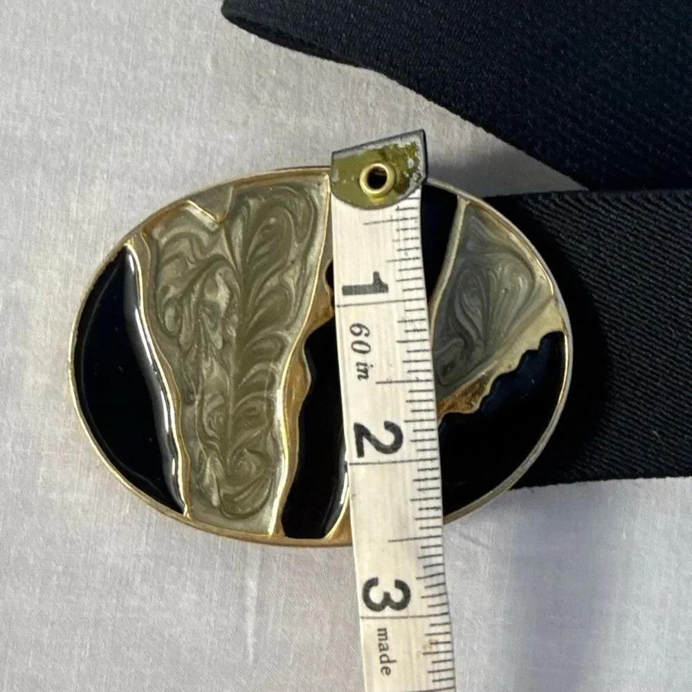 Vintage Nan Lewis Black & Gold Sculptural Enamel Buckle Belt | 1980s Modernist S