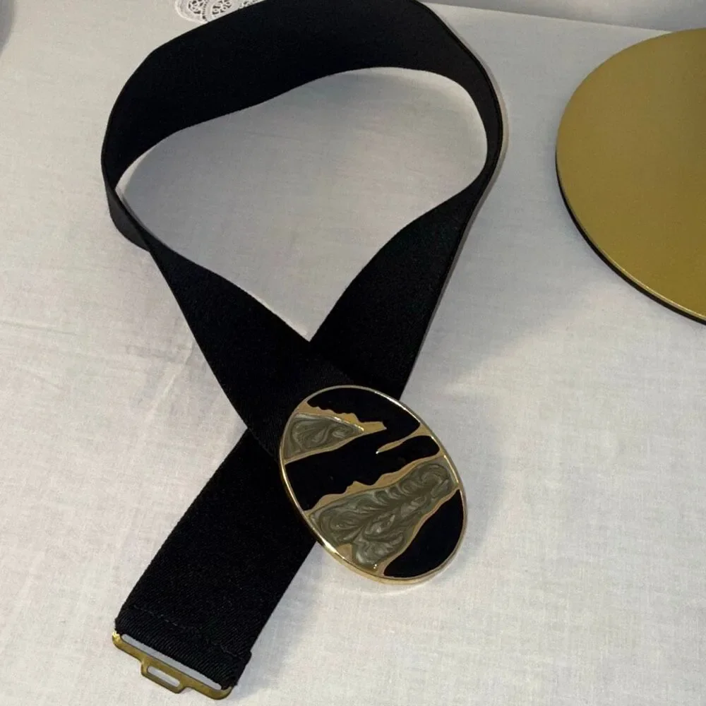 Vintage Nan Lewis Black & Gold Sculptural Enamel Buckle Belt | 1980s Modernist S