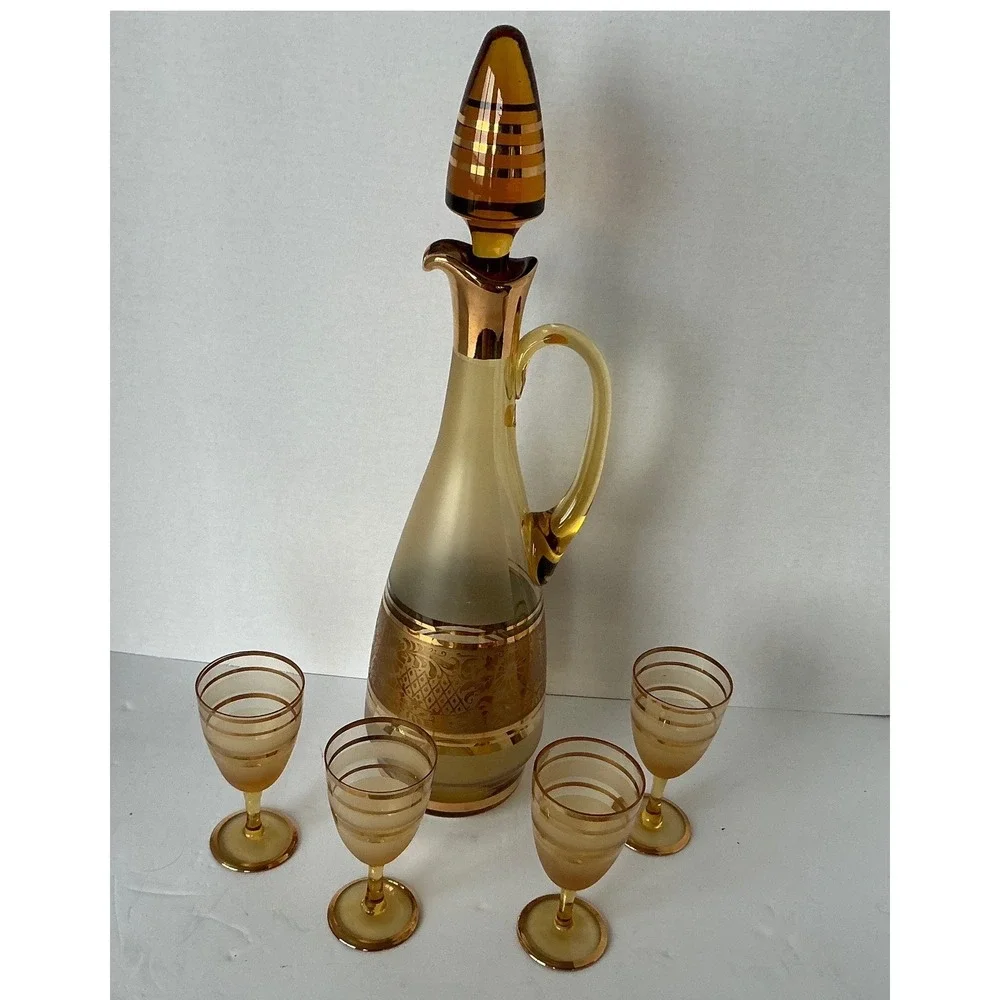 Bohemia‎ Crystal Vintage Amber Glass Decanter Set Gold Encrusted Floral 5pc MCM
