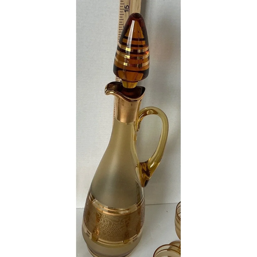 Bohemia‎ Crystal Vintage Amber Glass Decanter Set Gold Encrusted Floral 5pc MCM