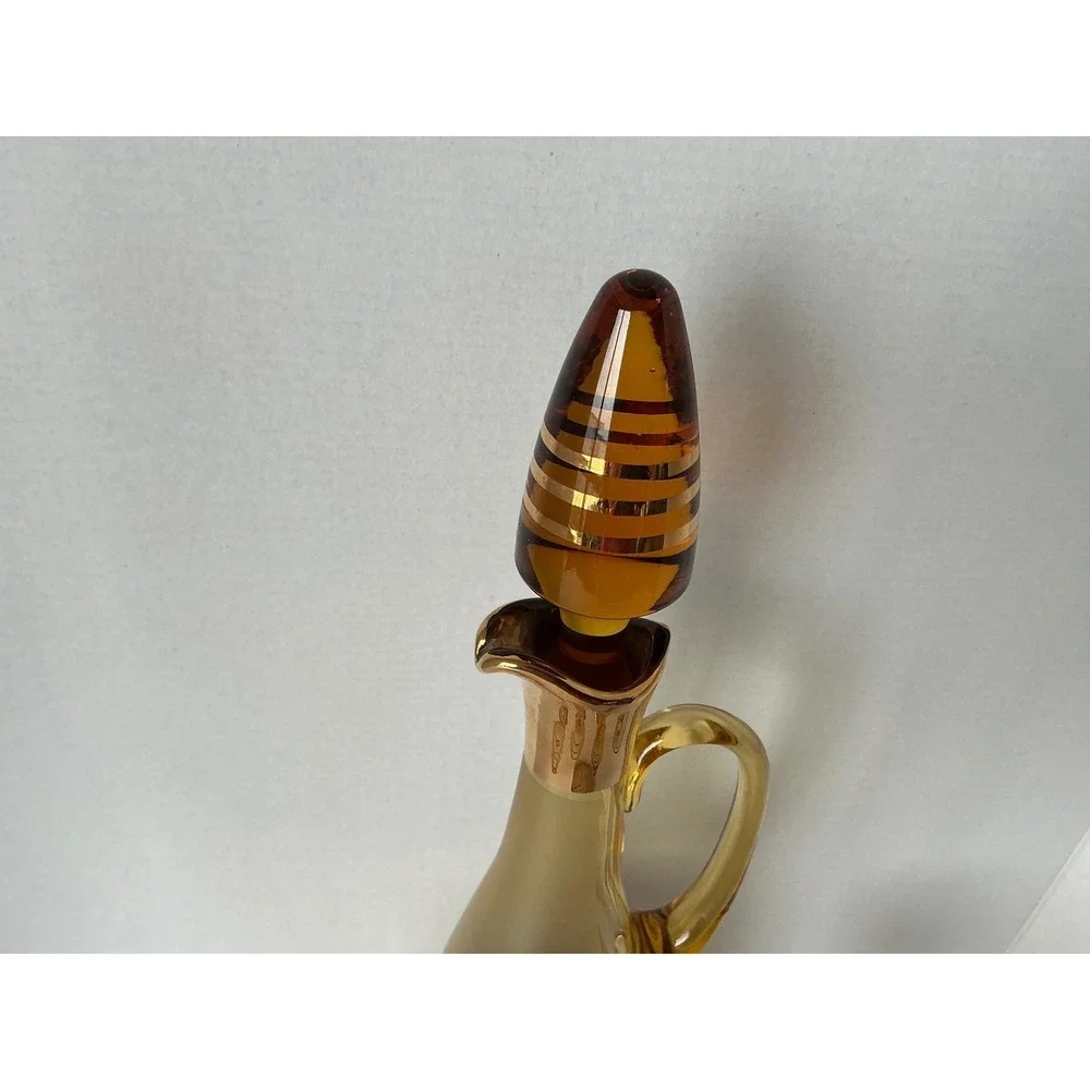 Bohemia‎ Crystal Vintage Amber Glass Decanter Set Gold Encrusted Floral 5pc MCM