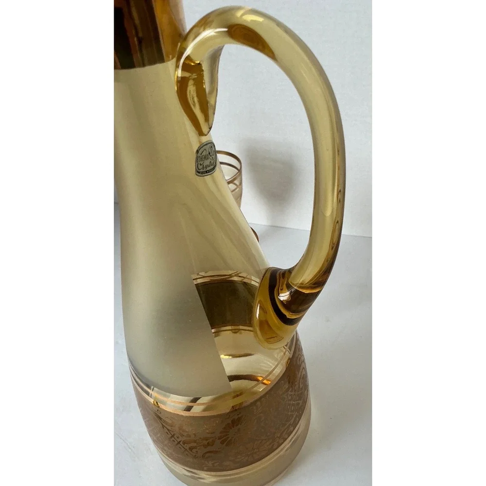 Bohemia‎ Crystal Vintage Amber Glass Decanter Set Gold Encrusted Floral 5pc MCM