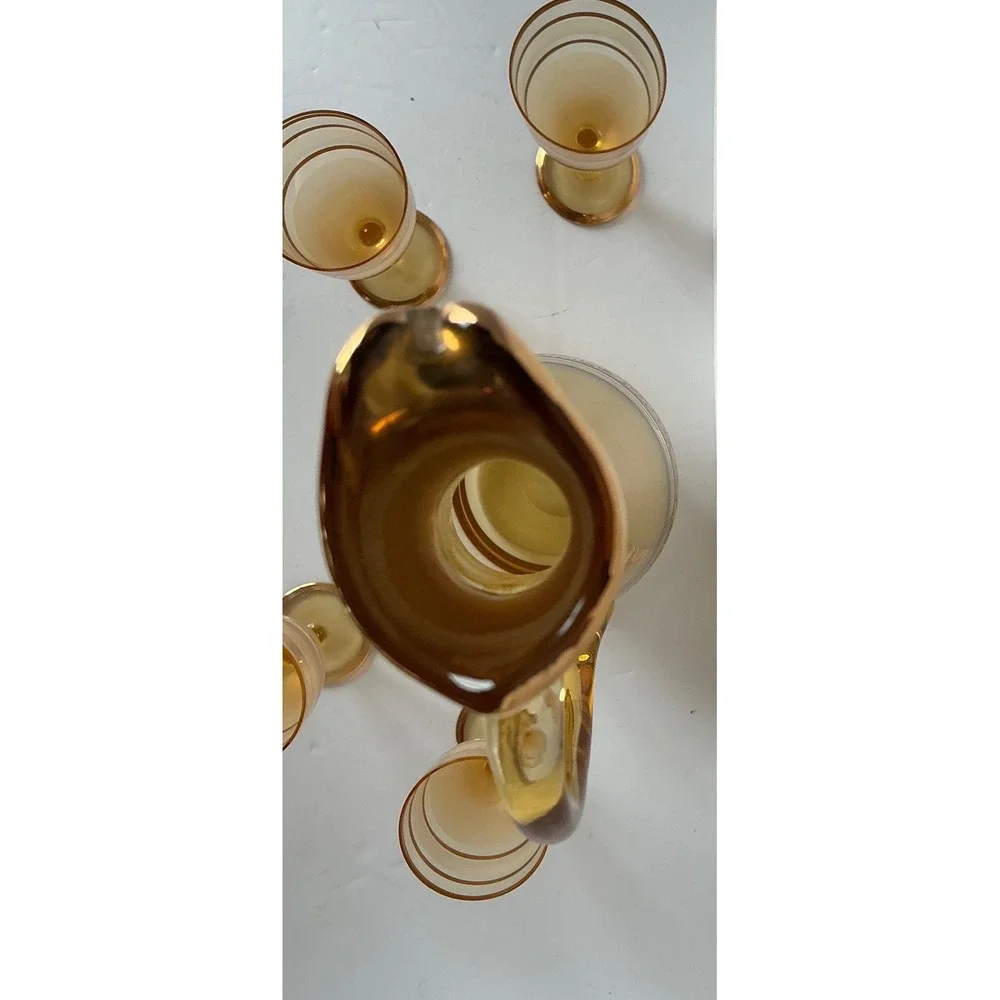 Bohemia‎ Crystal Vintage Amber Glass Decanter Set Gold Encrusted Floral 5pc MCM