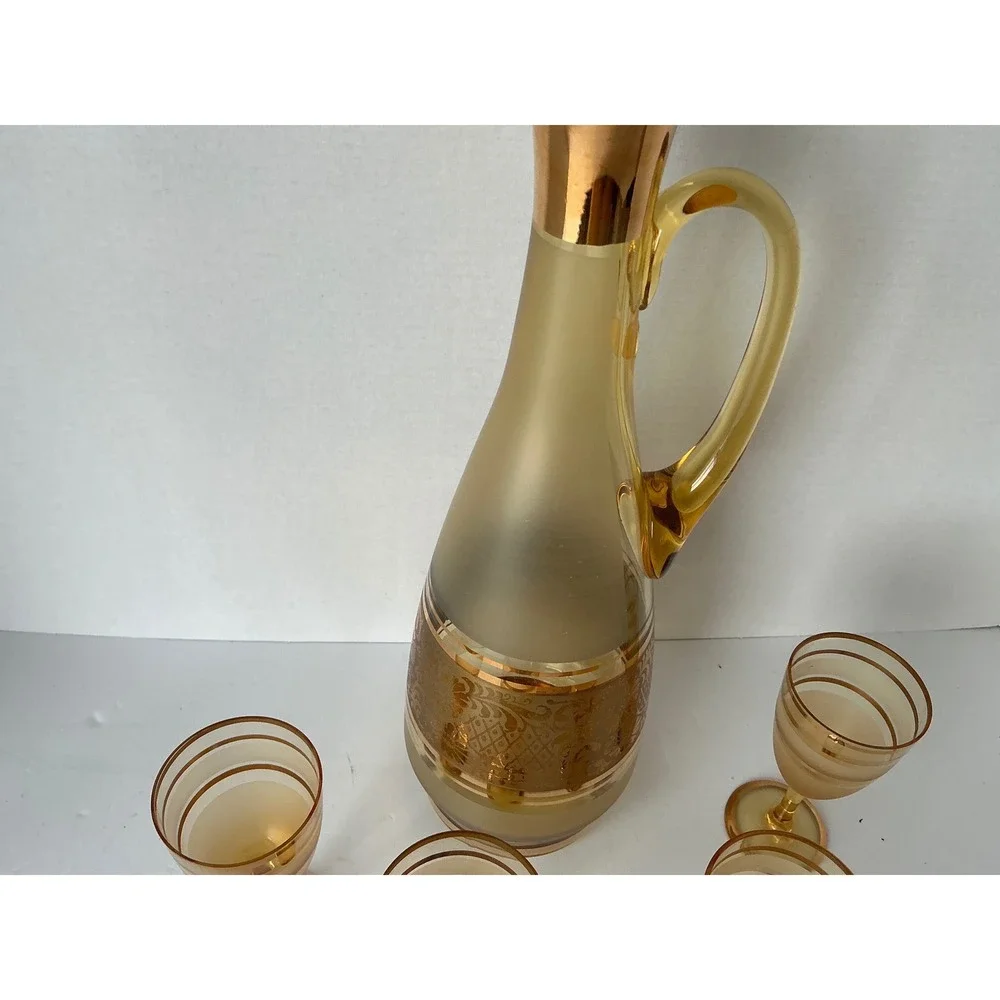 Bohemia‎ Crystal Vintage Amber Glass Decanter Set Gold Encrusted Floral 5pc MCM