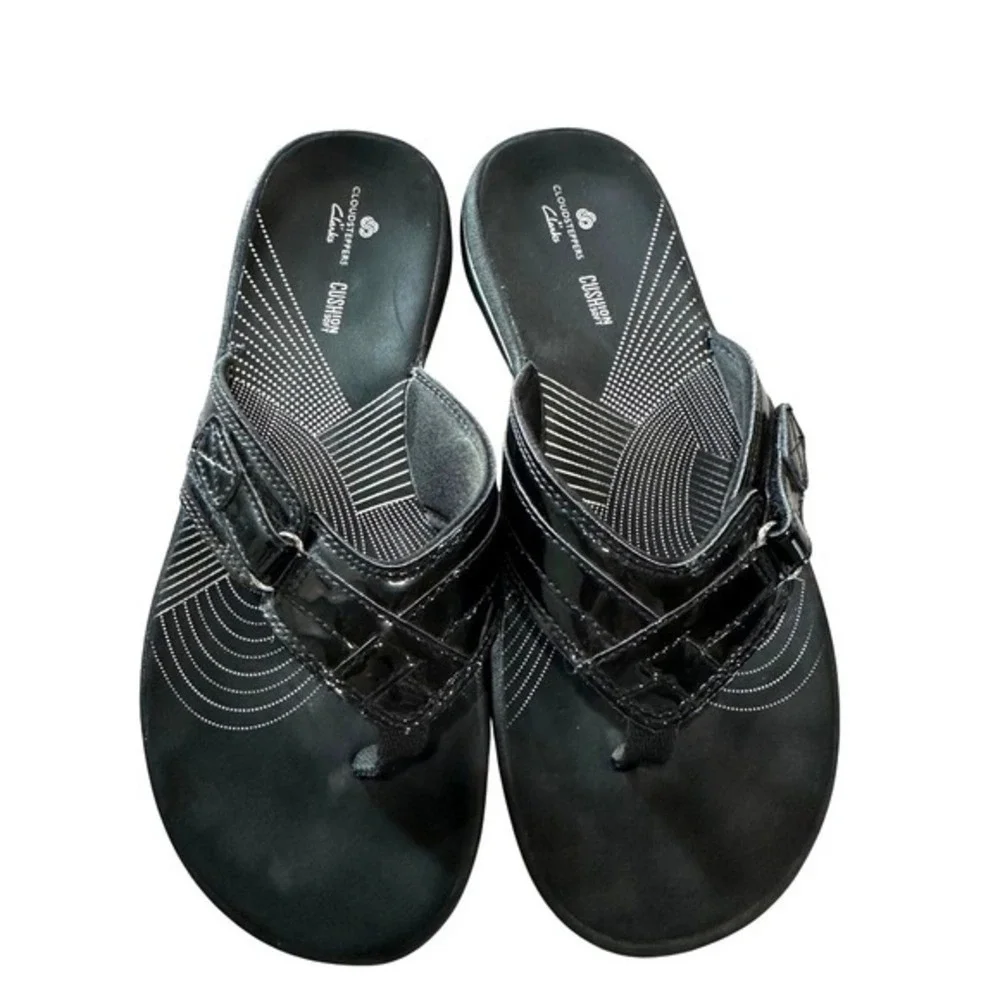 Clarks Cloudsteppers Black Patent Flip Flop Sandals Womens‎ Size 8 Comfort