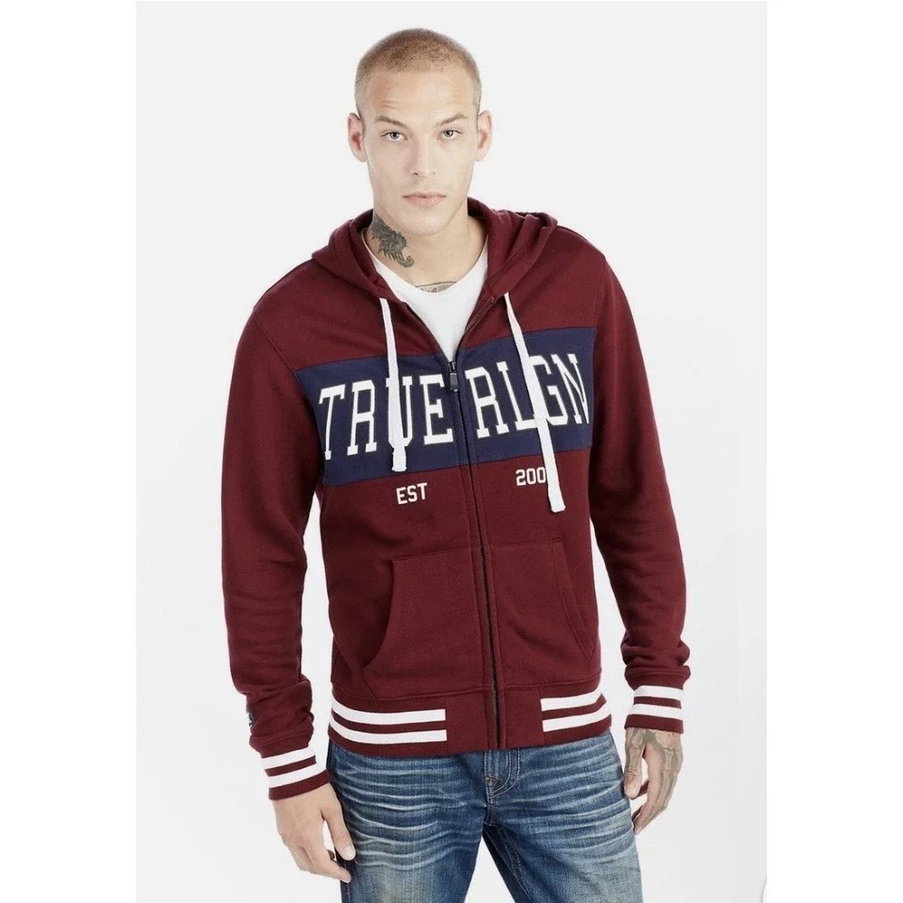 True Religion Brand Jeans‎ TR ZIP MENS HOODIE Burgundy Size Large Sweatshirt
