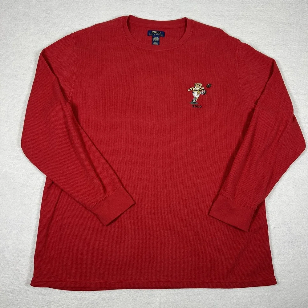 Polo Ralph Lauren Sleepwear Shirt Mens 2XL Red Waffle Knit Polo Bear‎ Rugby Top