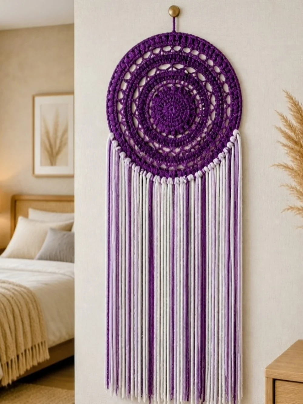 Handmade Purple and Ivory Macrame Wall Hanging – Boho Home Décor