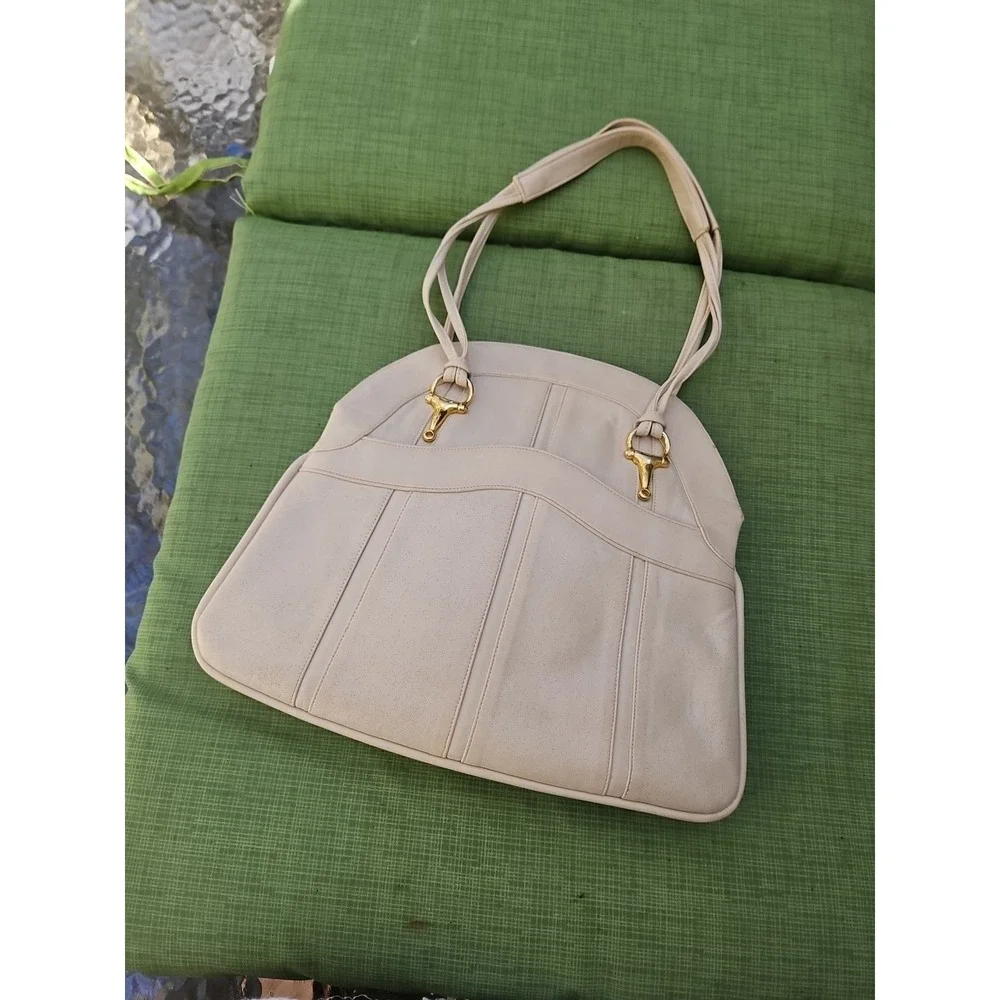 Lou Taylor Purse Italy Leather HORSE BIT Swivel Mirror Miami Vintage Cream Ivory