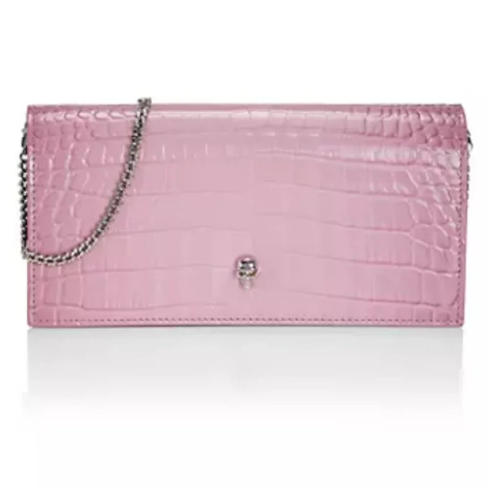 Alexander McQueen Croc-Embossed Leather Wallet-On-Chain Antic Pink