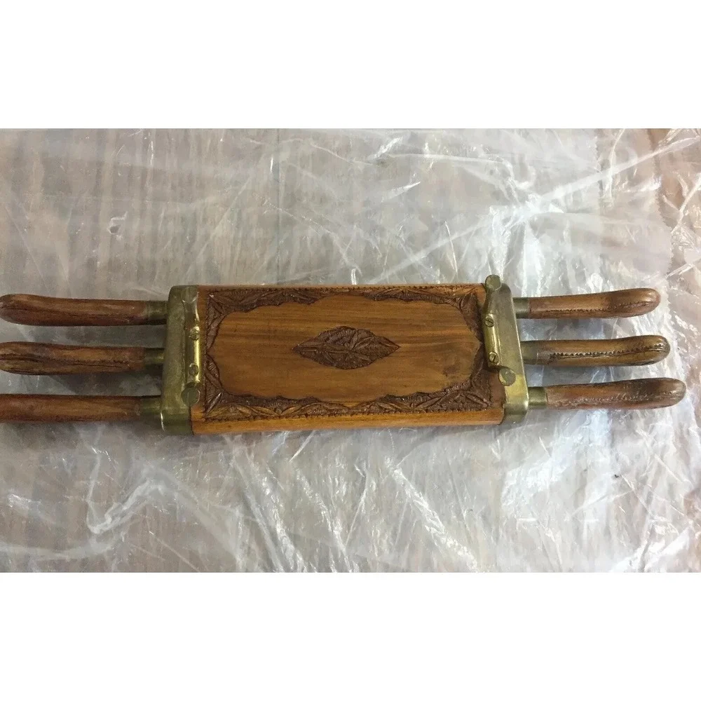 Vintage MCM Handcrafted Wooden Knife Set India 6pc Carved‎ Handles Wood Box Folk