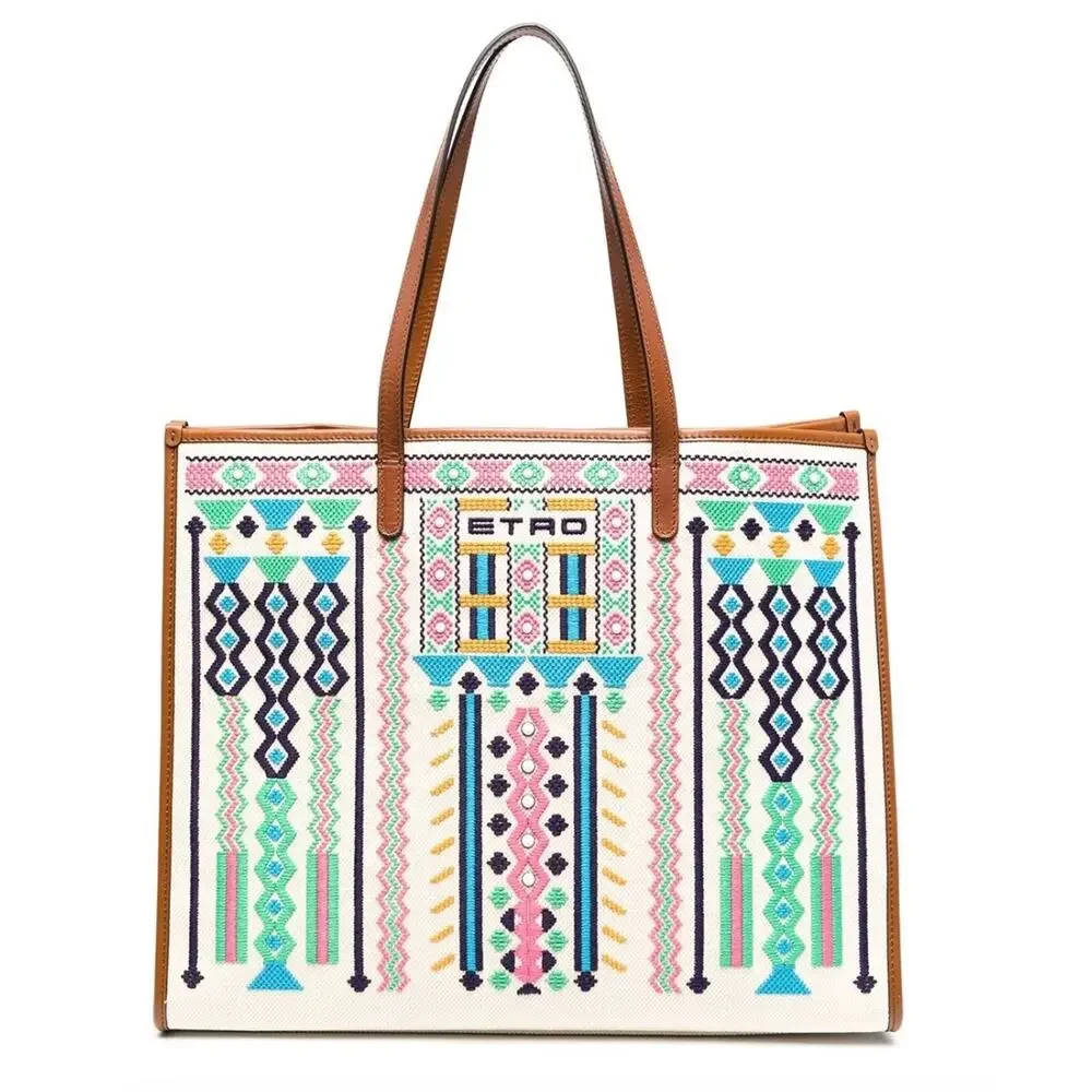 ETRO Embroidered Canvas Shopper Tote Bag Neutrals‎