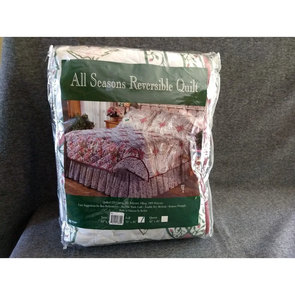 All Seasons Full Size Reversible Quilt Cotton Blend Floral‎ Bedspread Vtg NOS