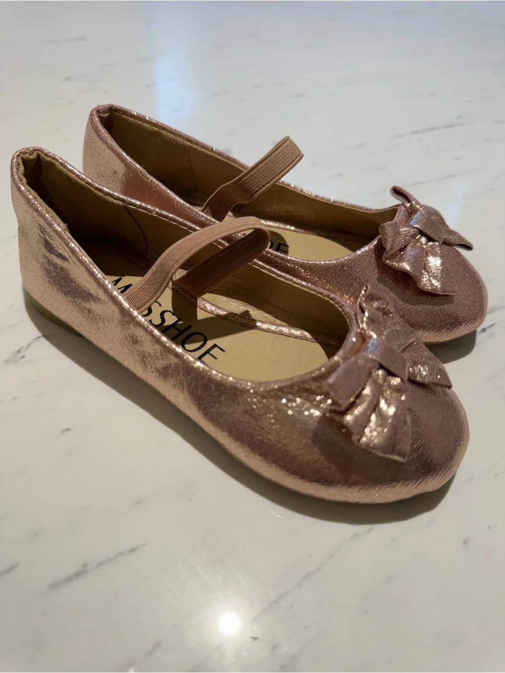 Girls Shimmery Rose Gold Ballet Flats with Bow