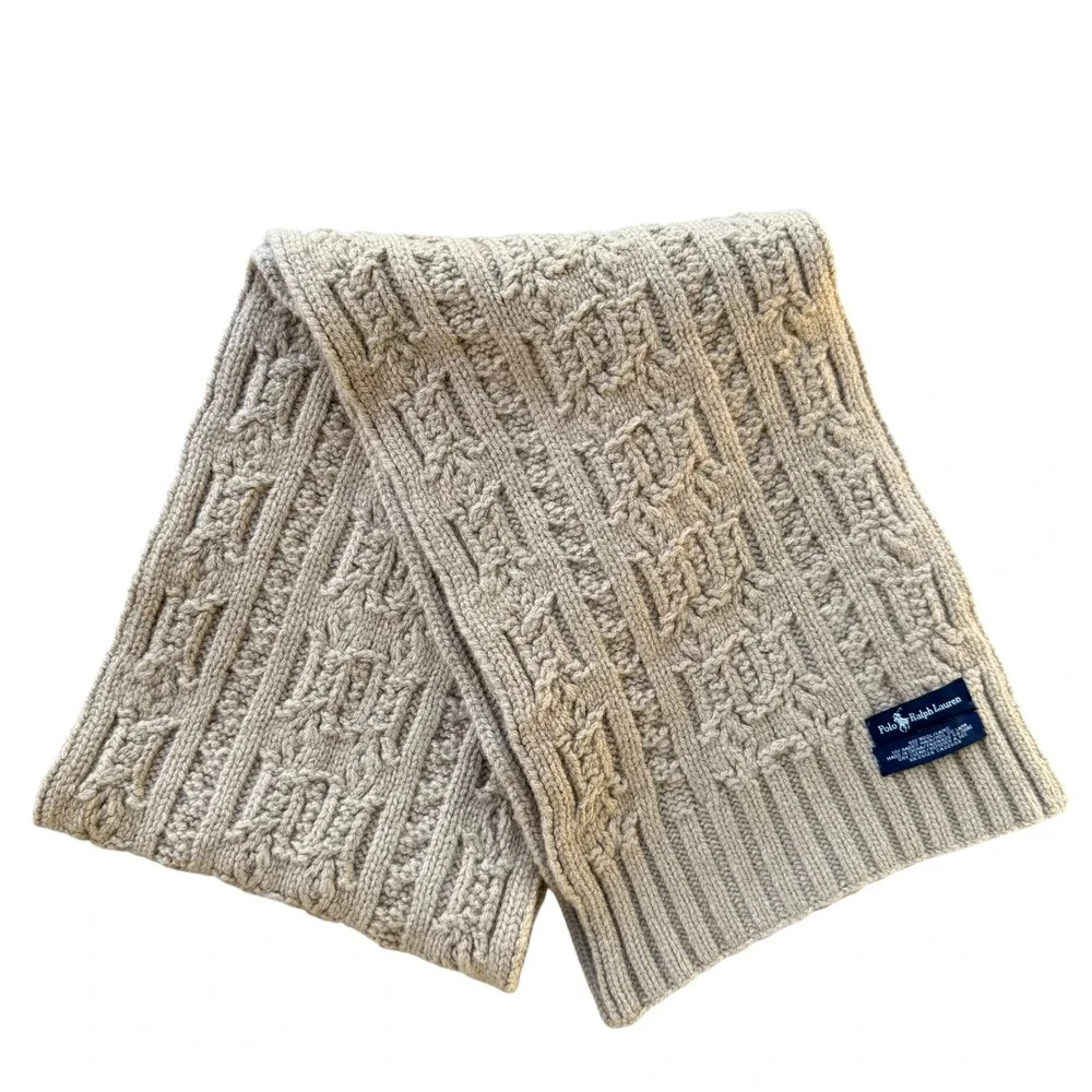 Polo Ralph Lauren‎ Wool Rabbit Hair Cable Knit Scarf Oatmeal Beige Chunky Winter