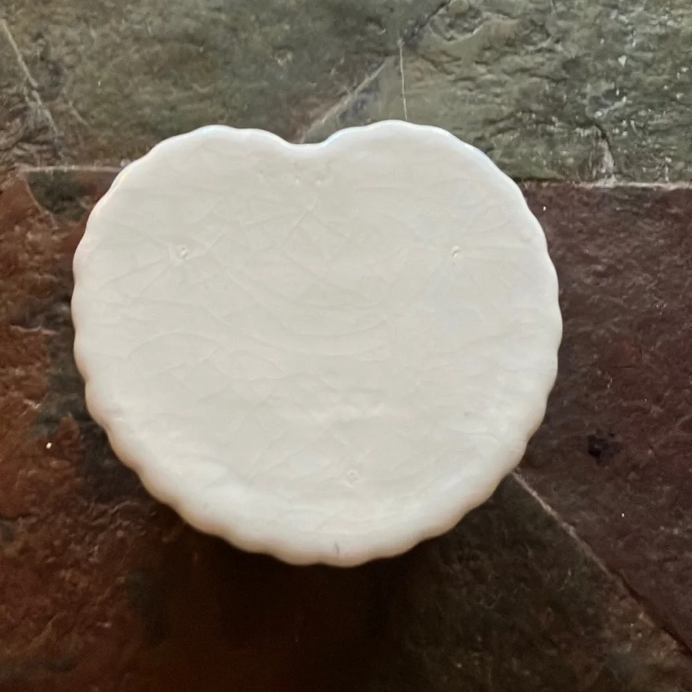 Heart-Shaped Porcelain Trinket Box with Blue Rose and Ruffle Accents -‎ Vintage