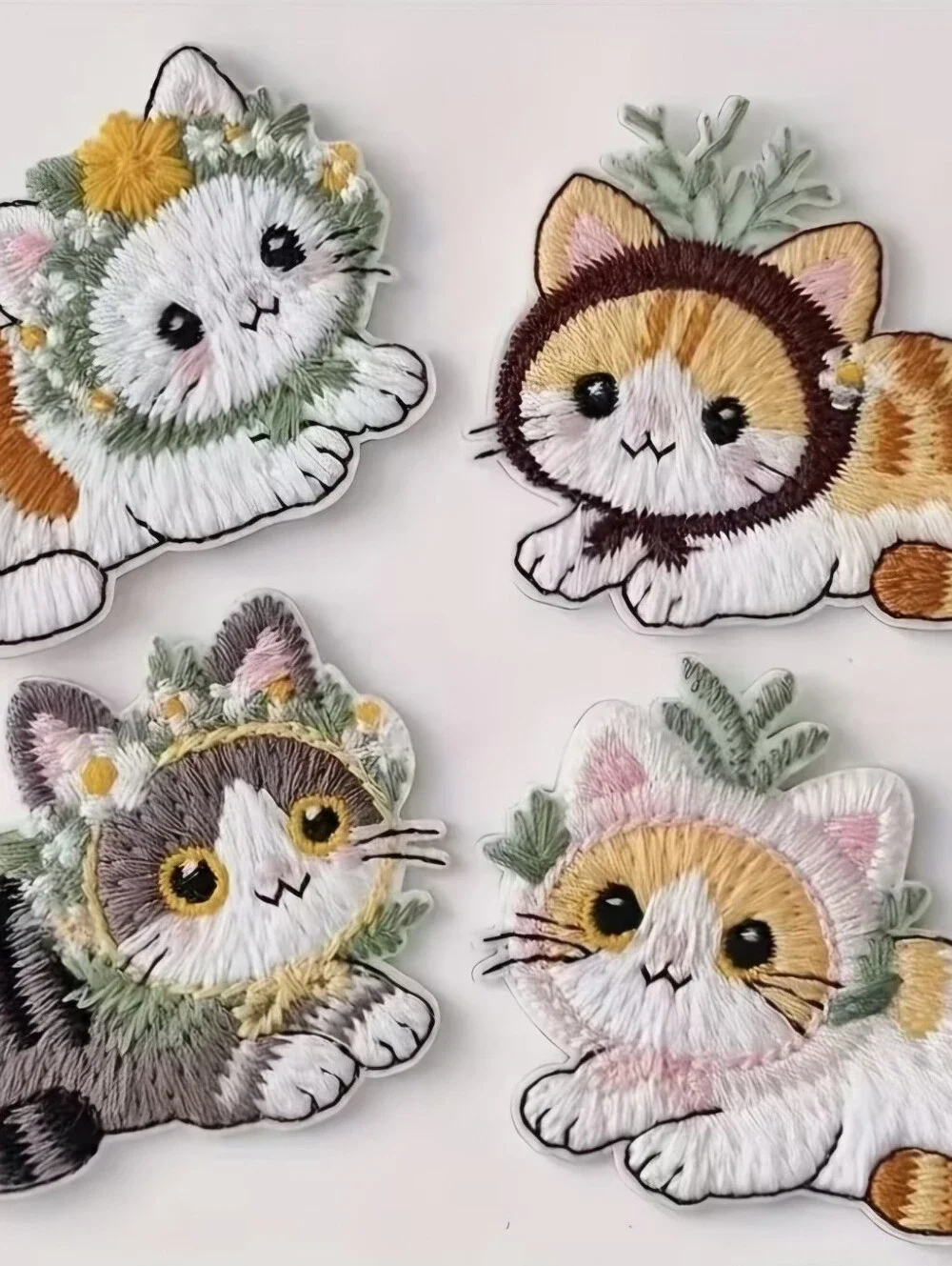 Crown Floral Kitty Patch Set in White, Gray, Brown & Pink Accents