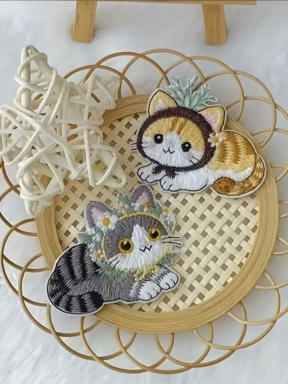 Crown Floral Kitty Patch Set in White, Gray, Brown & Pink Accents