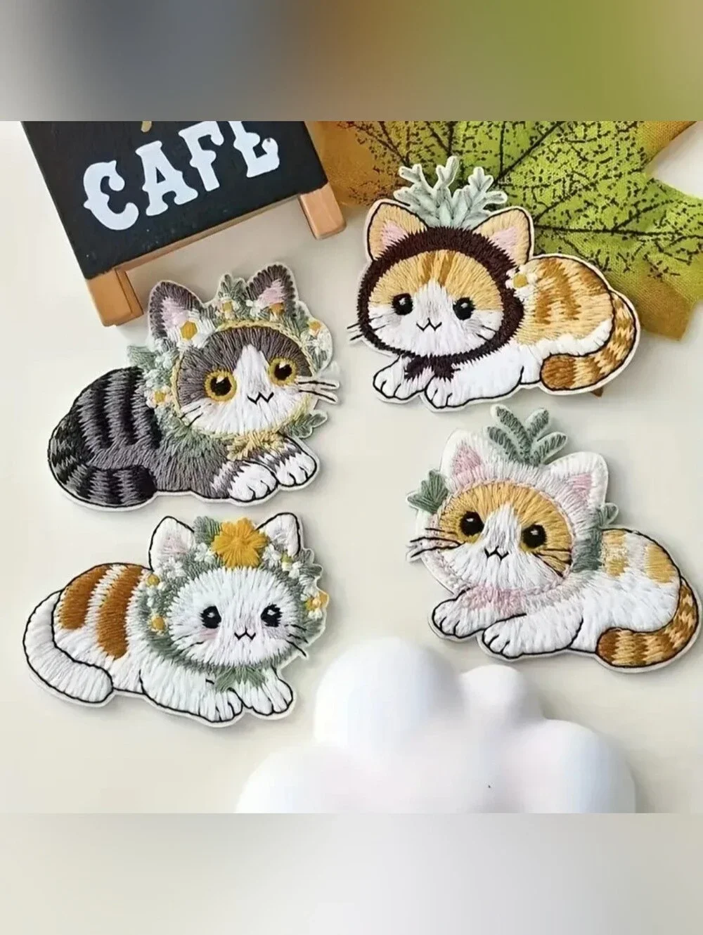 Crown Floral Kitty Patch Set in White, Gray, Brown & Pink Accents
